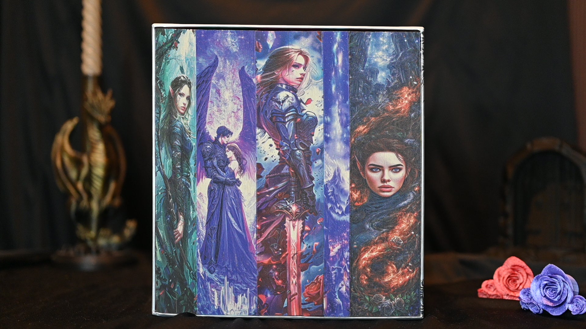 Set ACOTAR cu printed edges ilustrând personaje și scene fantasy din universul ACOTAR.
