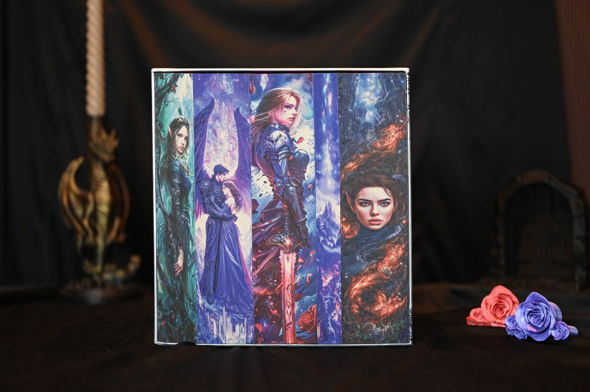 Set ACOTAR cu printed edges ilustrând personaje și scene fantasy din universul ACOTAR.