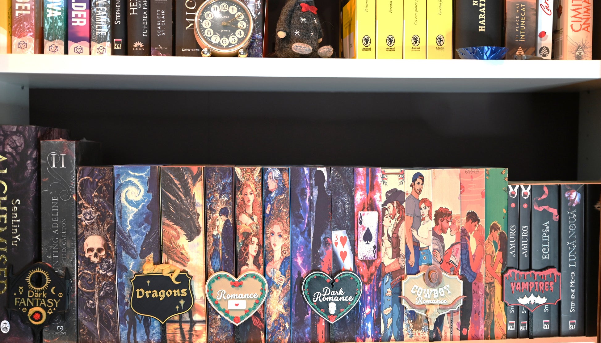Raft de cărți decorate cu cotoare ilustrate în stil fantasy, fiecare secțiune fiind marcată cu etichete 3D tematice pentru genuri precum Dark Fantasy, Dragons, Romance, Dark Romance, Cowboy Romance și Vampires.”