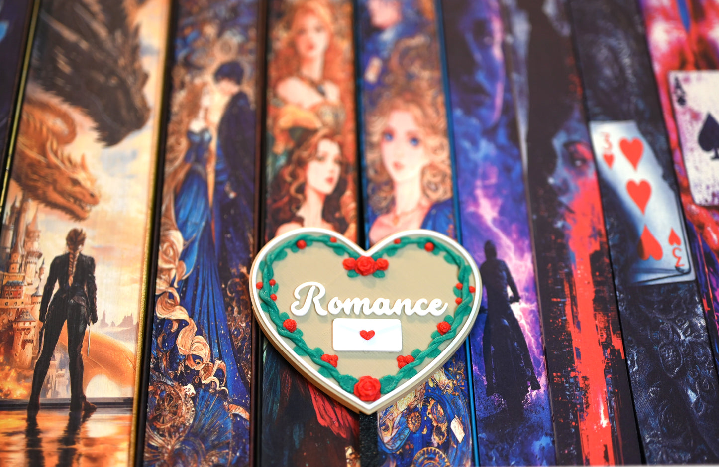 Etichetă 3D în formă de inimă pentru secțiunea Romance, bej cu ramă de trandafiri roșii și viță verde, având un plic alb cu inimioară roșie.