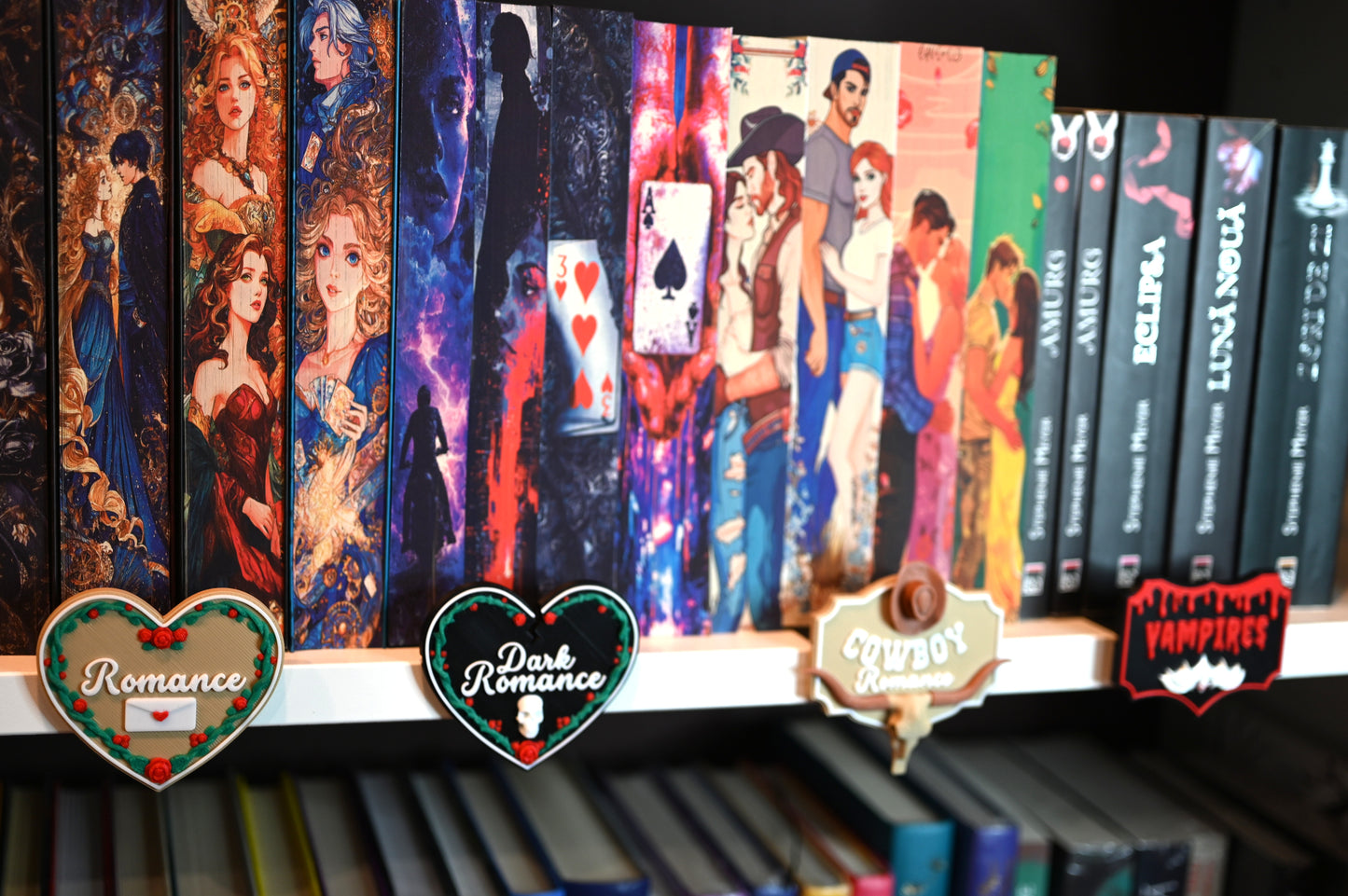Raft cu cărți ilustrate în stil fantasy și romance, organizate cu etichete 3D tematice pentru Romance, Dark Romance, Cowboy Romance și Vampires.