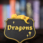 Etichetă 3D Dragons, stil heraldic cu dragon galben, care poate fi fixată fie prin agățare pe marginea raftului, fie prin prindere adezivă