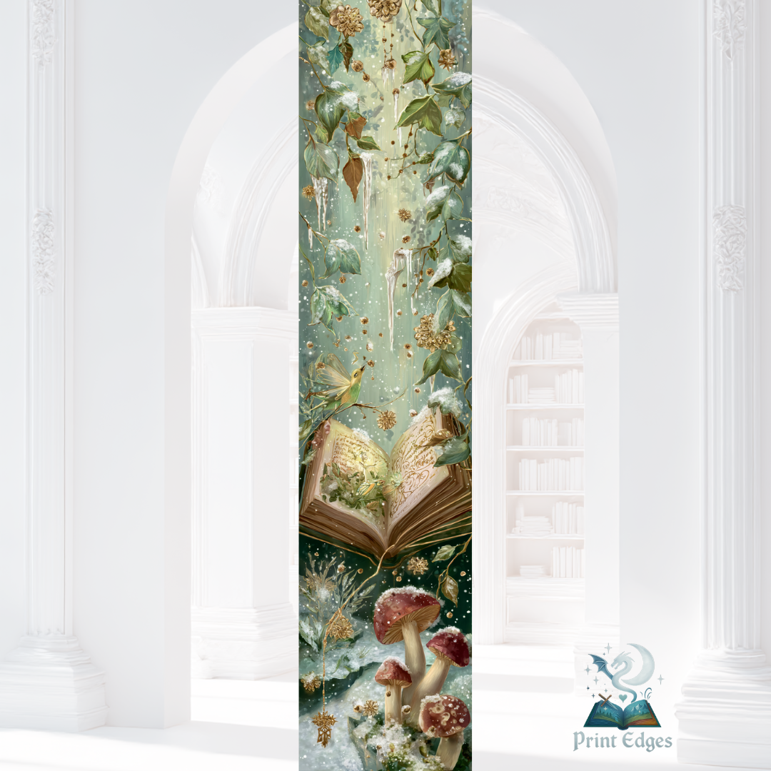 Design printed edges - Enciclopedia spiridușilorilustrații delicate cu ciuperci și flori pe fundal deschis, inspirate din natură.