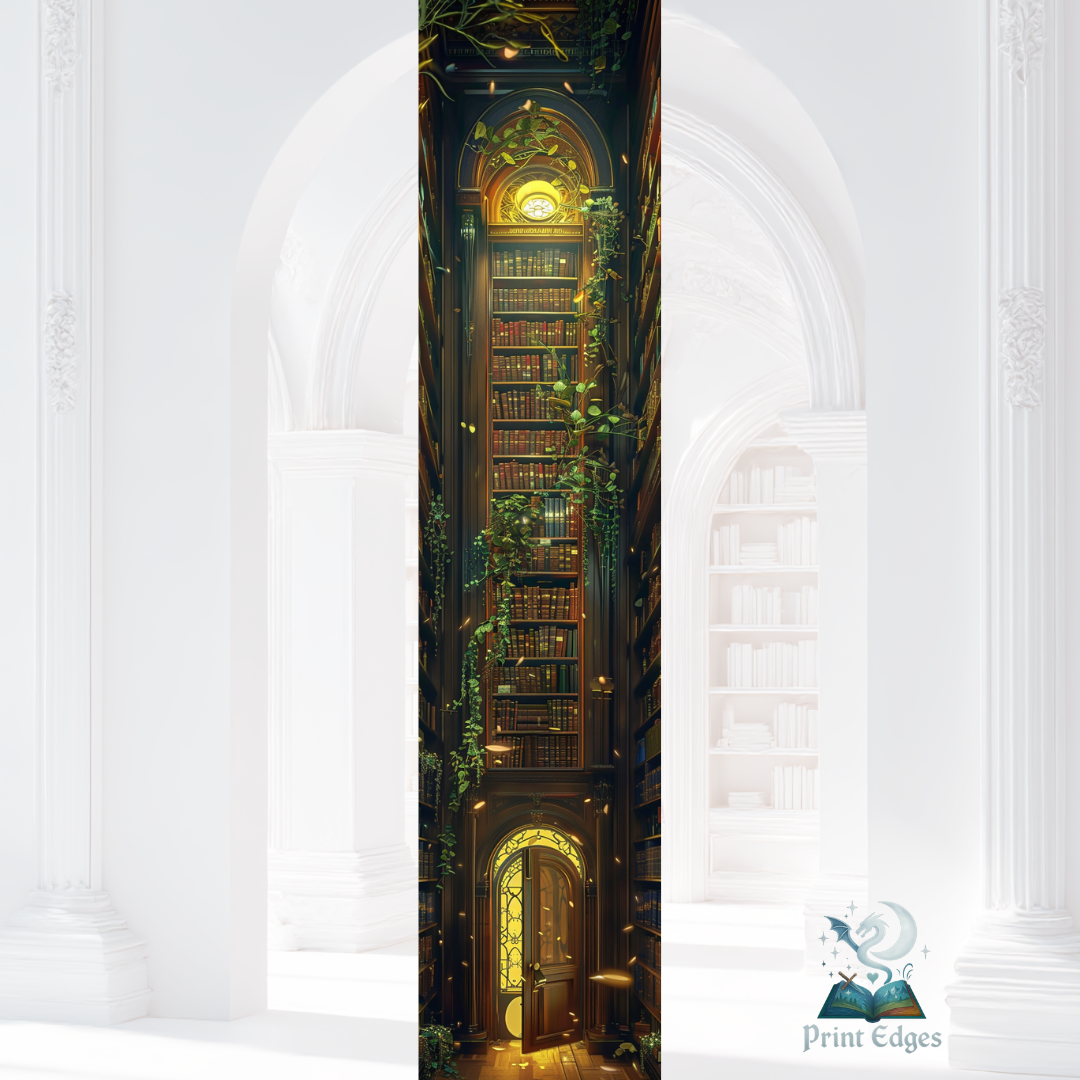 Design printed edges - Librăria pierdută  Ilustrație fantasy cu o bibliotecă înaltă plină de cărți și lumini calde, înconjurată de o pădure magică. O tânără stă la baza rafturilor, cufundată în mister și lumină.