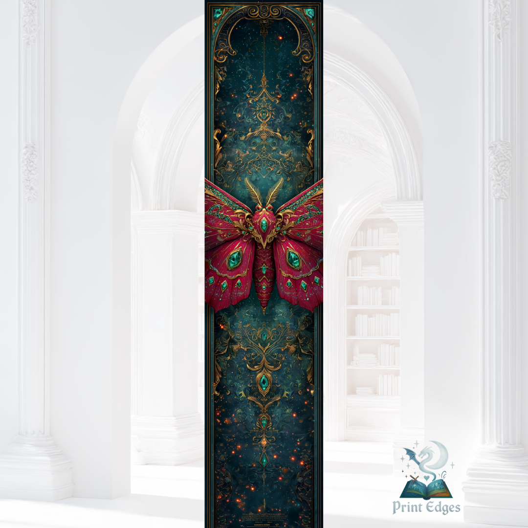 Design printed edges - Vânătorul fără inimă fantasy cu o molie roșie decorativă, cu detalii aurii și smaralde, pe un fundal verde-turcoaz ornamentat, înconjurat de o pădure magică luminată de stele.