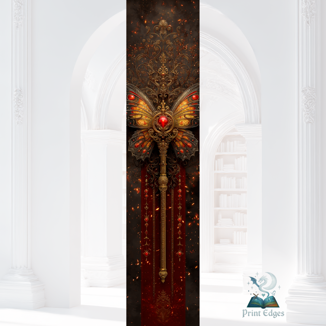 Design printed edges - Vrăjitoarea rebelă  fluture de culoarea chihlimbarului si a rubinului pe  fundal prafuit