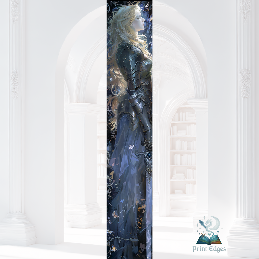 Design printed edges - Inspirat din Cavalerul și molia  dark fantasy cu cavaler în armură argintie și fluturi luminoși, artă pentru margini de carte (printed edges).