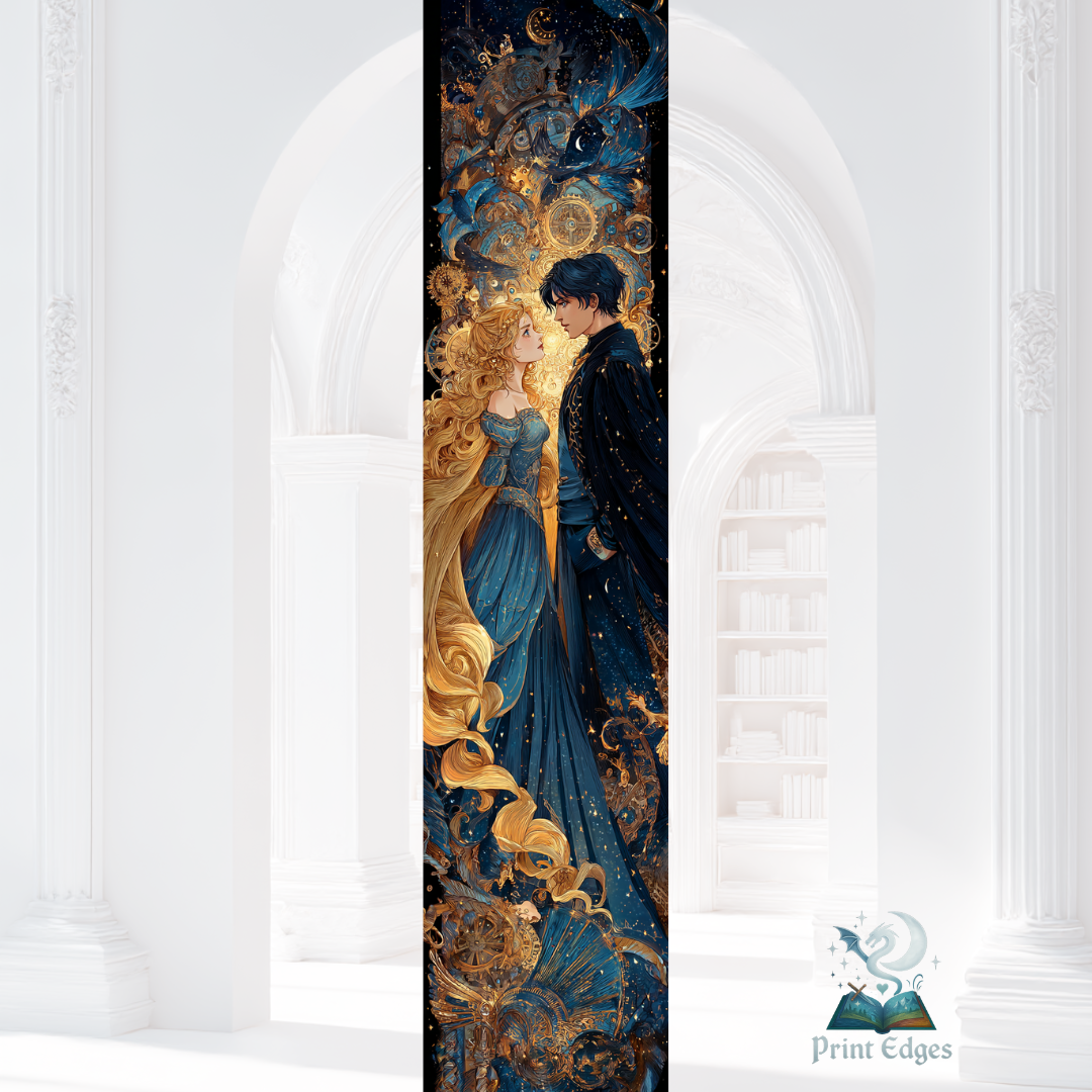 Donatella și Legend - Design printed edges Cuplu romantic în haine albastre și aurii sub un cer cosmic plin de stele și mecanisme aurii, inspirat din Finalul seriei Caraval.