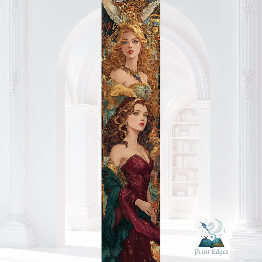 Scarlett și Donatella Dragna - Design printed edges Două femei elegante în rochii aurii și rubinii, într-un decor baroc cu aripi și mecanisme aurii, inspirat din Caraval.