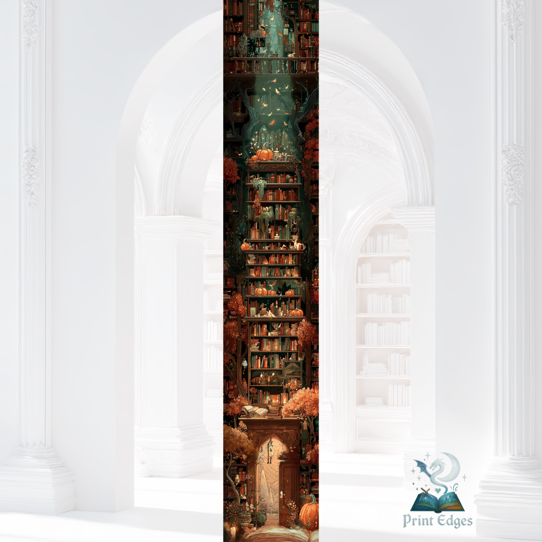 Design printed edges - Revrăjită o bilioteca plina de carti, aflata intr-o padure mistica si tomnatica, vibe cozy, inspirata din Revrajita