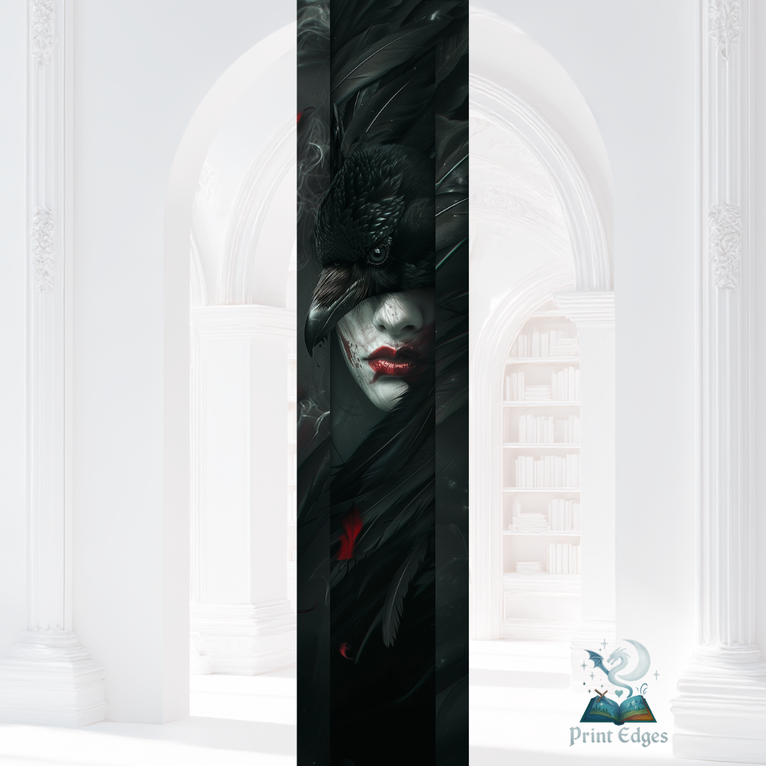 Design printed edges - Frăția corbului  Femeie acoperită de pene negre de corb, simbol al pasiunii și libertății, design dark-romantic inspirat din Frăția Corbului de Kate Stewart | Printedges – printed edges fantasy