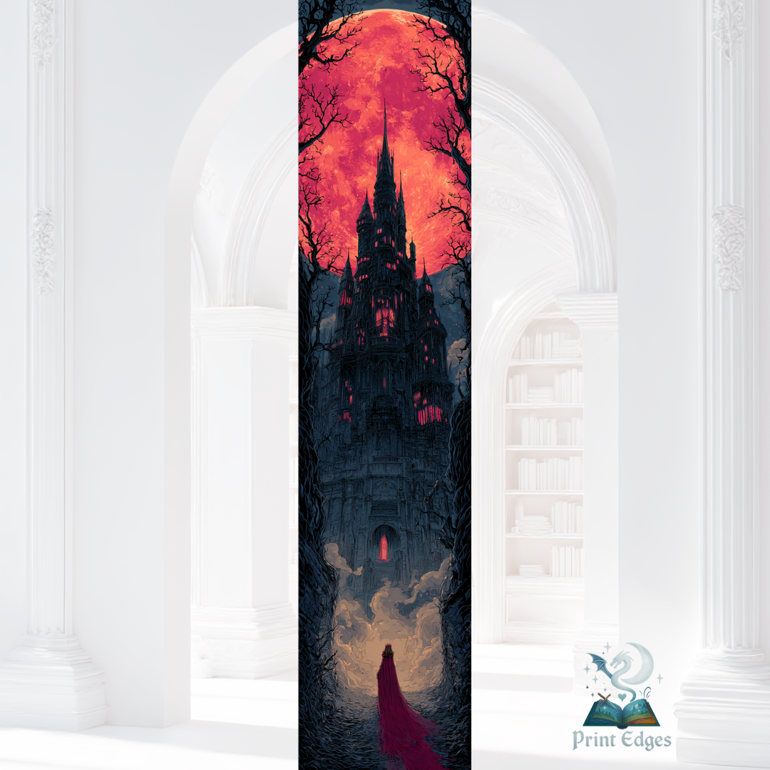 Design printed edges - Întunecat Femeie în mantie roșie privind un castel gotic sub o lună sângerie, design dark fantasy inspirat din Întunecat (Cursed) de Marissa Meyer | Printedges – printed edges fantasy