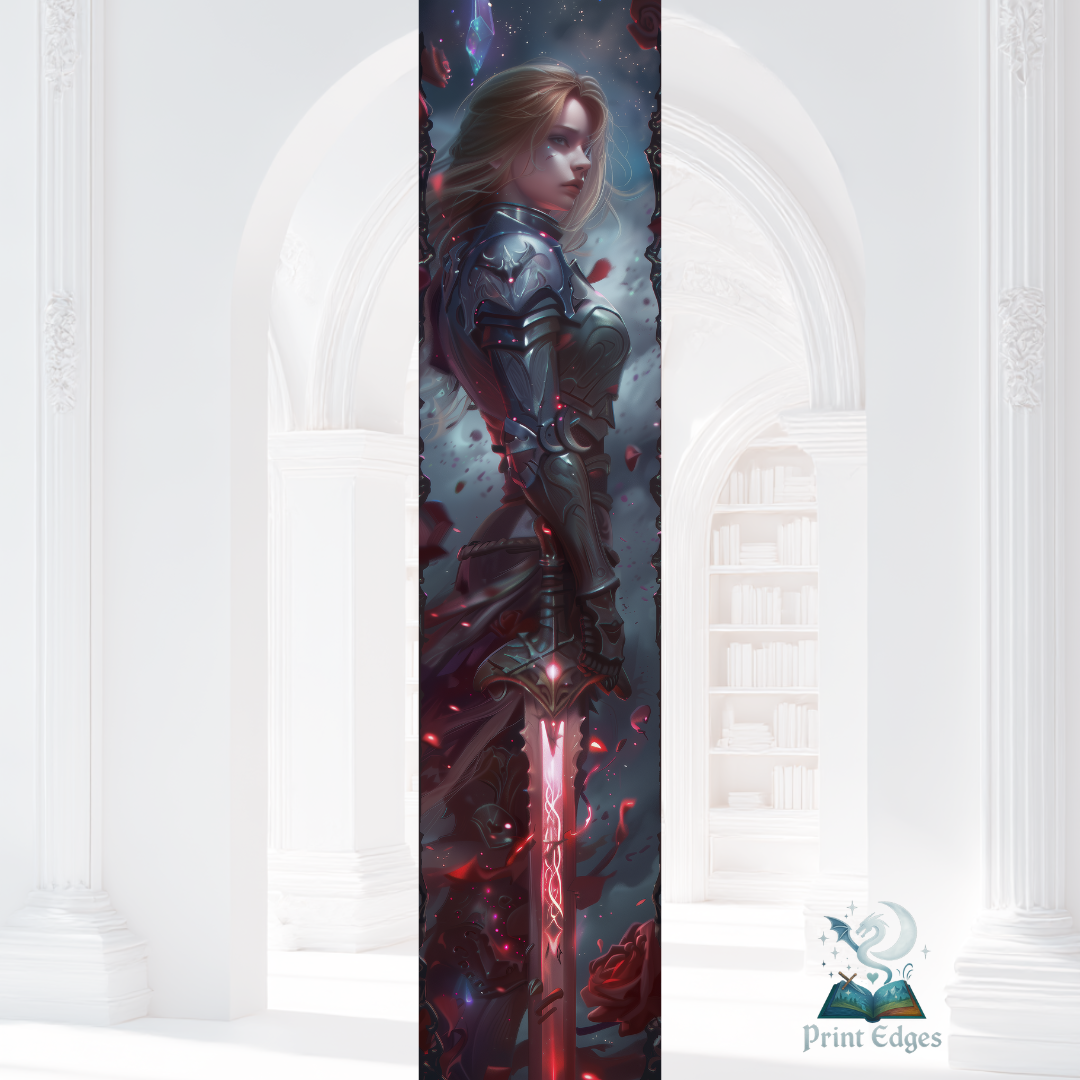 Design printed edges - A Court of Thorns and Roses - Feyre Archeron  Războinică cu sabie roșie și trandafiri, design dark fantasy inspirat din ACOTAR