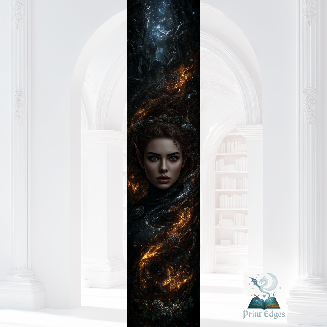 Design printed edges- Inspirat din A Court of Silver Flames - Nesta Archeron Femeie,flăcări cosmice, design fantasy pentru printed edges inspirat din ACOTAR