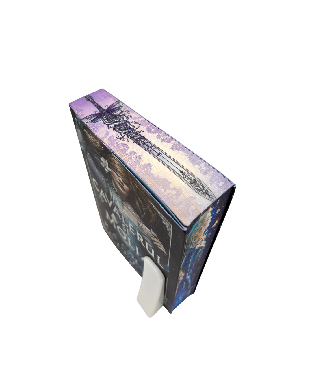 Marginea laterală a cărții Cavalerul și molia cu printed edges de Rachel Gillig, ediție hardcover cu margini ilustrate. Imaginea arată o figură feminină cu păr argintiu și armură albastră, în stil fantasy, imprimată pe latura paginilor.