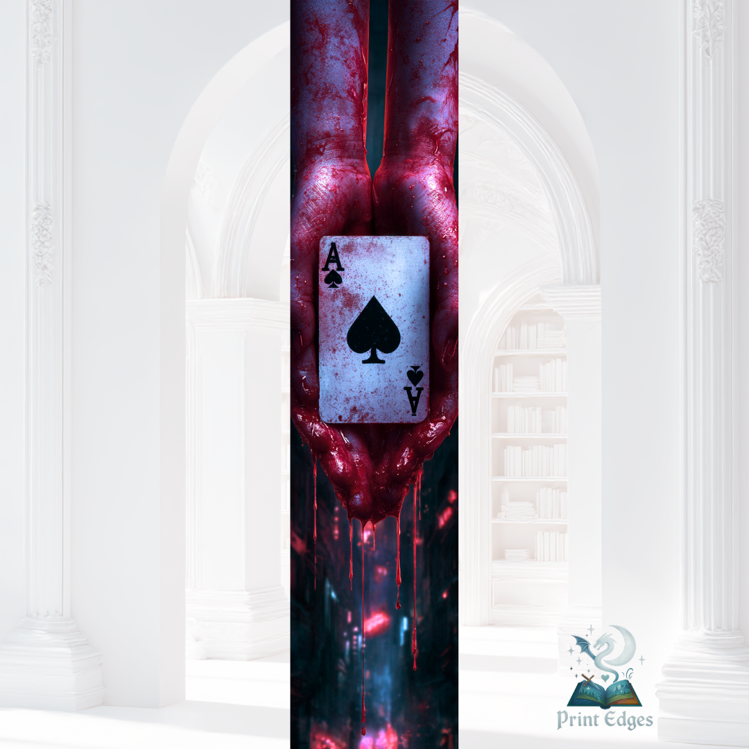 Design printed edges - Dulce uitare  – carte de joc As de pic ținută de mâini însângerate, pe fundal urban întunecat cu lumini roșii și albastre, design dark romance dramatic.