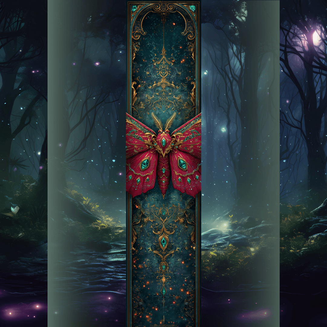 Design printed edges - Vânătorul fără inimăfantasy cu o molie roșie decorativă, cu detalii aurii și smaralde, pe un fundal verde-turcoaz ornamentat, înconjurat de o pădure magică luminată de stele.