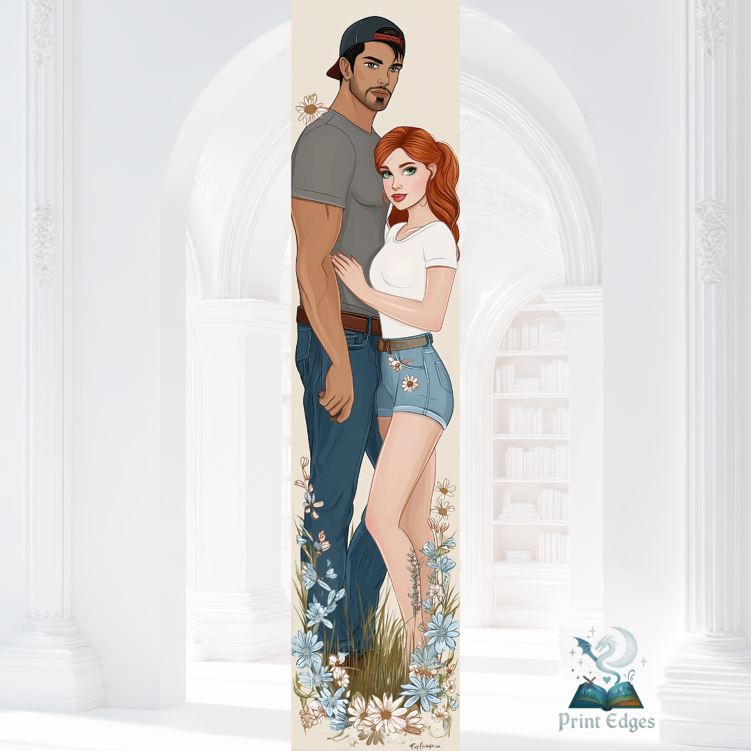 Design pentru printed edges - Inspirat din Heartless– bărbat brunet și femeie roșcată în îmbrățișare, îmbrăcați casual, înconjurați de margarete și iarbă.