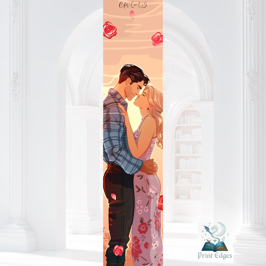 Design pentru printed edges - Reckless – cuplu îmbrățișat la apus, el poartă cămașă în carouri, ea rochie florală, înconjurați de trandafiri și tonuri calde pastel.