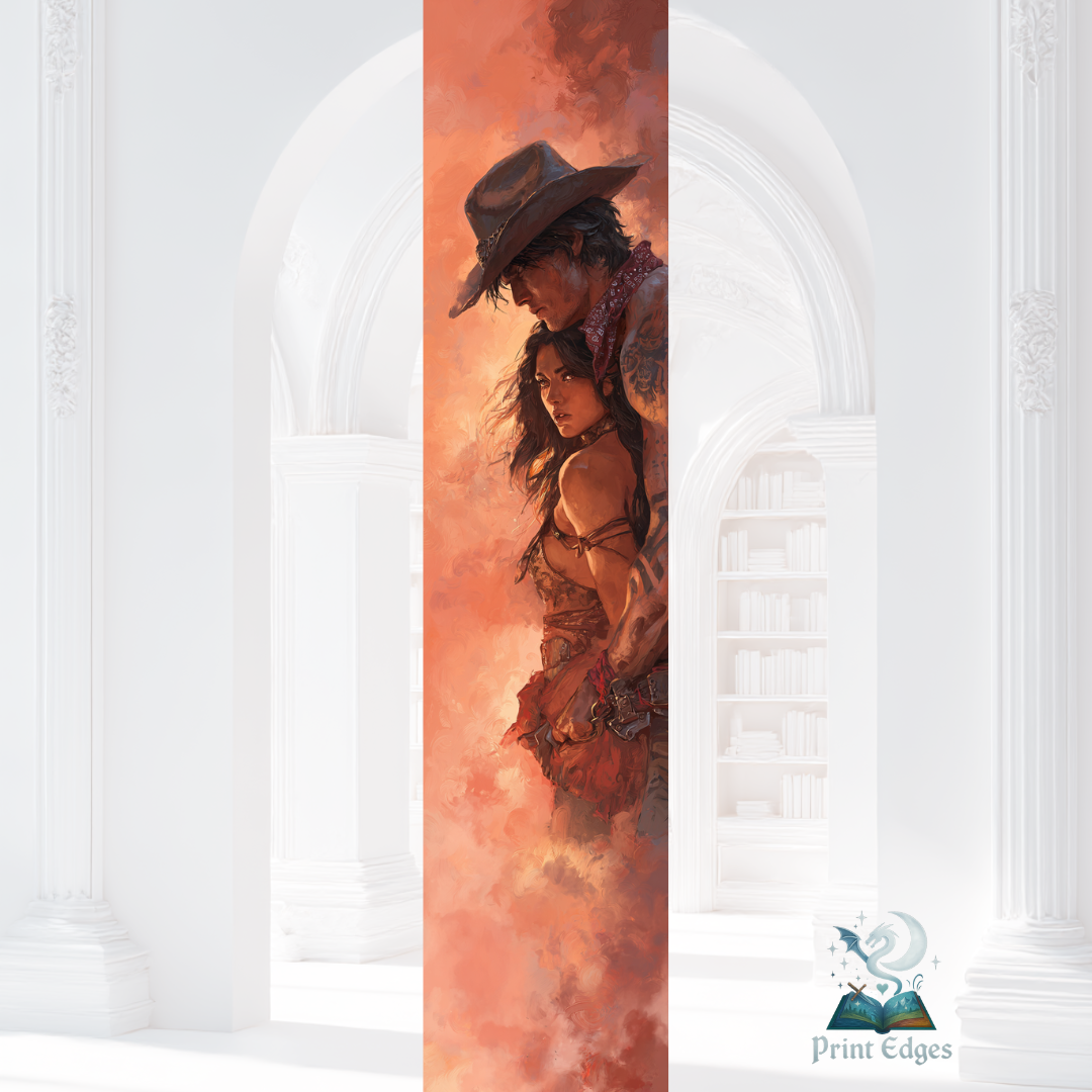 Design pentru printed edges - Reckless Cuplu îmbrățișat în lumină portocalie intensă, design romantic inspirat din Reckless.