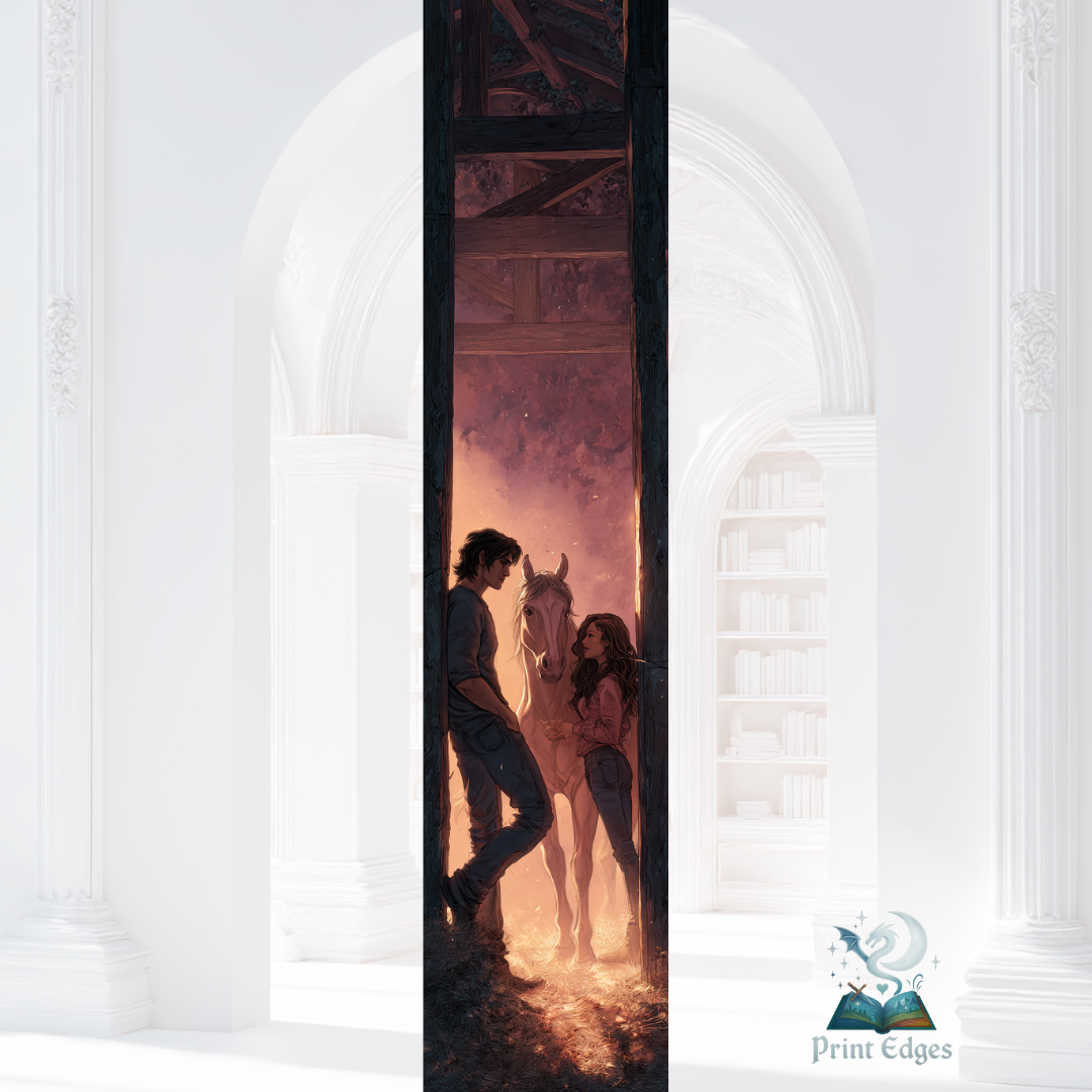 Design pentru printed edges - Inspirat din Flawless Cuplu și cal alb într-un grajd scăldat în lumină caldă, design inspirat din Flawless.