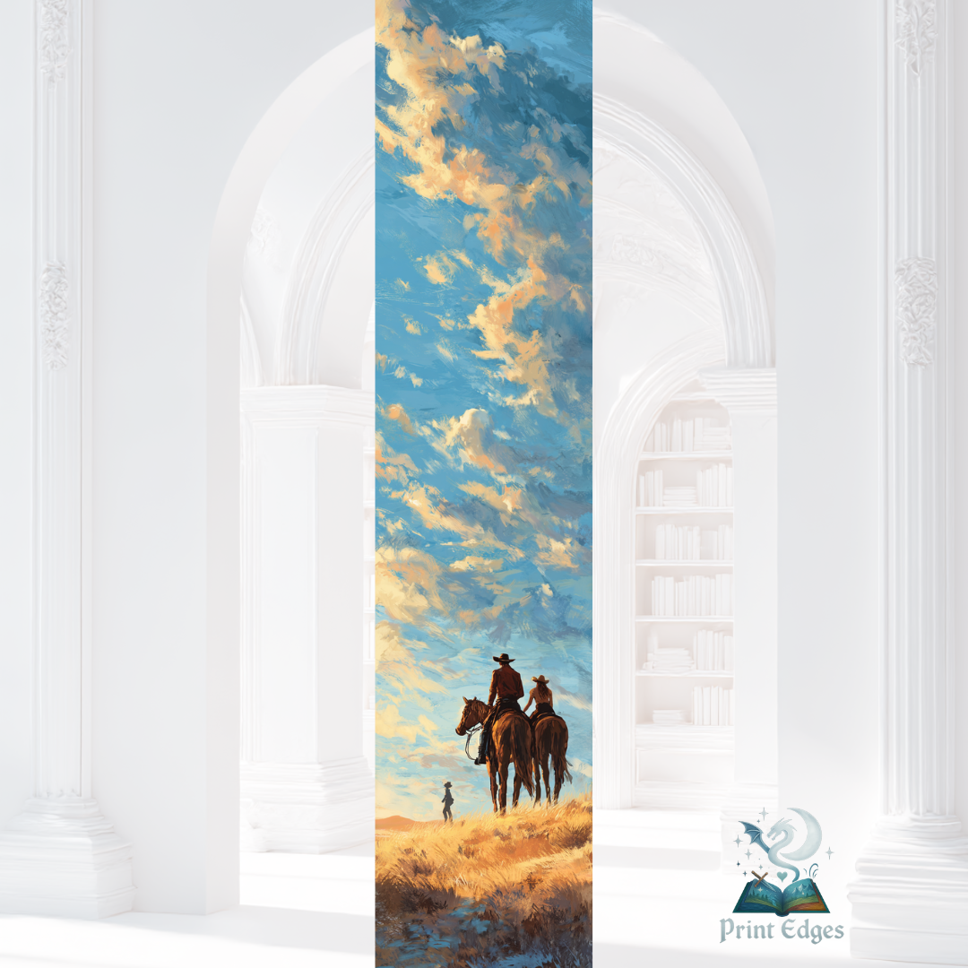 Design pentru printed edges - Inspirat din Heartless Doi cowboy călare sub cer albastru și nori aurii, scenă inspirată din Heartless