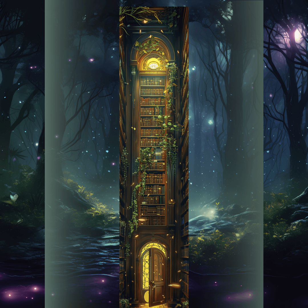 Design printed edges - Librăria pierdută Ilustrație fantasy cu o bibliotecă înaltă plină de cărți și lumini calde, înconjurată de o pădure magică. O tânără stă la baza rafturilor, cufundată în mister și lumină.