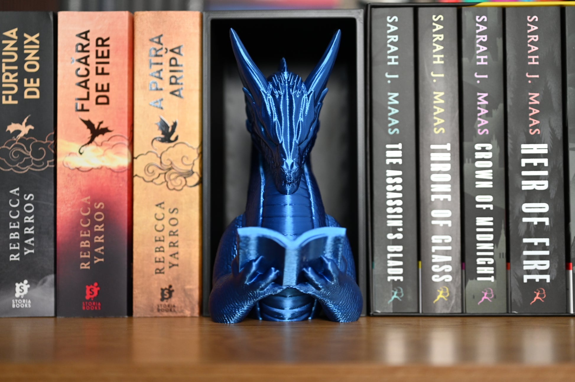 un rand de carti cu unBook Nook Dragonul Cititor albastru care citeste in mijloc