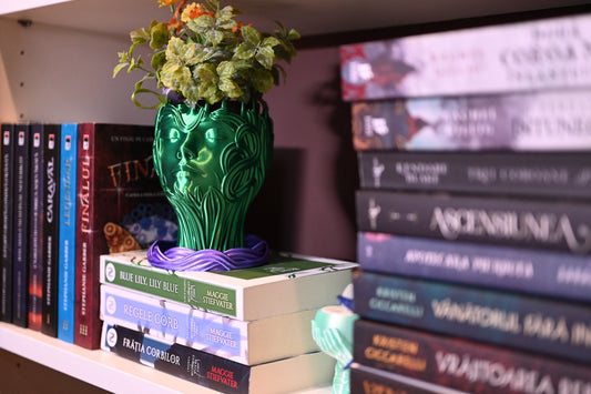 Spiritul pădurii statueta decorativa verde smarald cu chipul unei femei, asezata intre cartile unei biblioteci