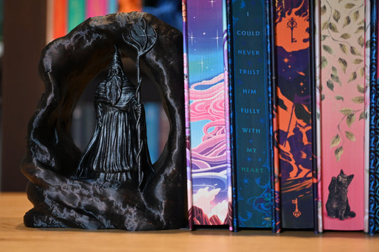 Dioramă fantasy pentru bibliotecă un vrajitor magic care sta pe marginea unei pesteri folosit ca suport de carti printed edges