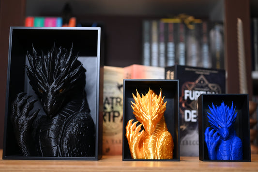 trei book nooks cudragoni, unul negru, unul auriu si unul albastru, in fata unui raft cu carti scrise de Rebecca Yarros