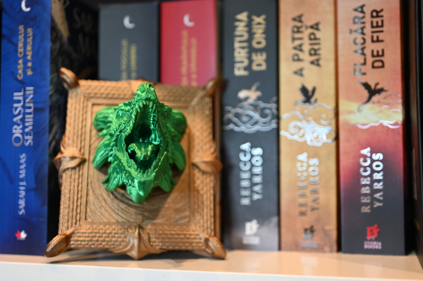dragon fantasy inspirat din A patra aripa, intr-o rama, pe raftul unei biblioteci