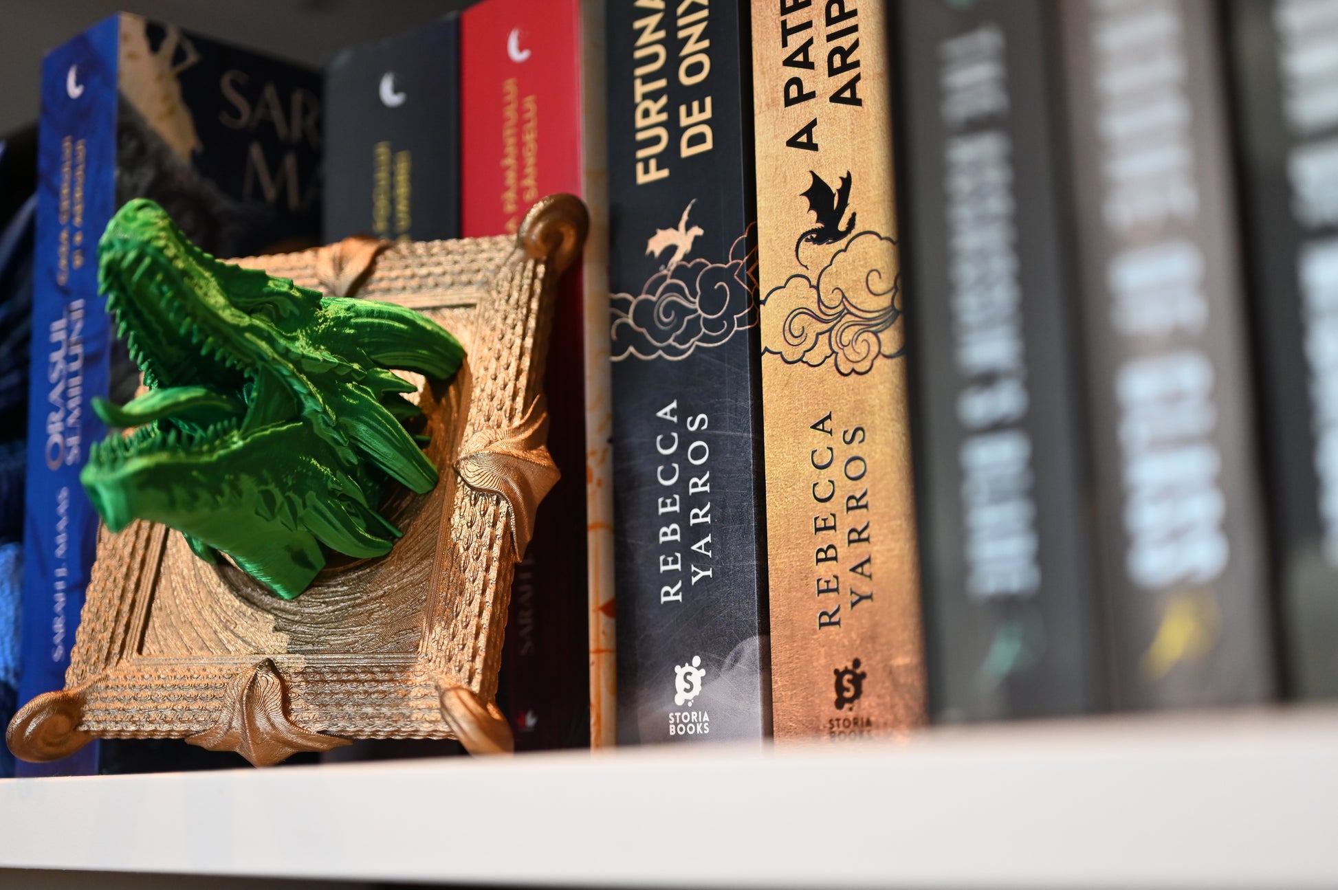 Cap de dragon 3D verde smarald, intr-o rama aurie, folosit ca decor fantasy in biblioteca, langa cartile scrise de Rebecca Yarros
