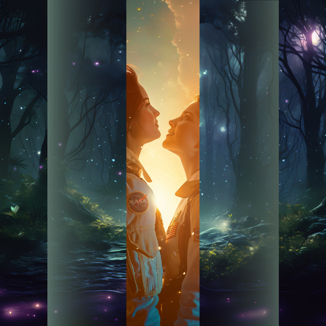 Design printed edges - Atmosfera, două femei în uniforme NASA, privindu-se sub o lumină caldă de apus