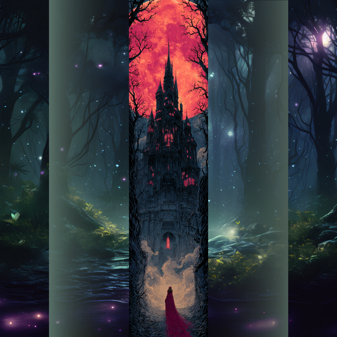 Design printed edges - Întunecat Femeie în mantie roșie privind un castel gotic sub o lună sângerie, design dark fantasy inspirat din Întunecat (Cursed) de Marissa Meyer | Printedges – printed edges fantasy