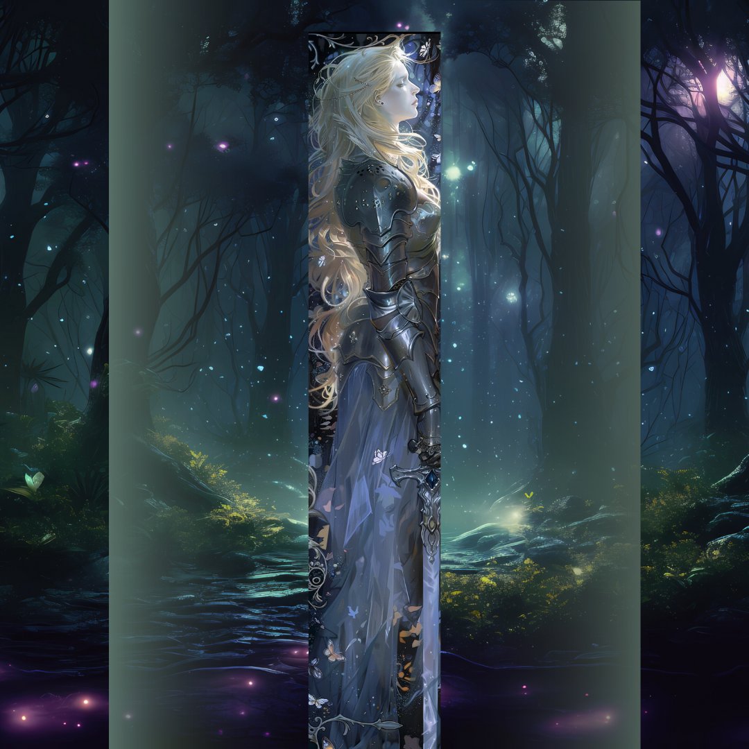 Design printed edges - Inspirat din Cavalerul și molia  dark fantasy cu cavaler în armură argintie și fluturi luminoși, artă pentru margini de carte (printed edges).