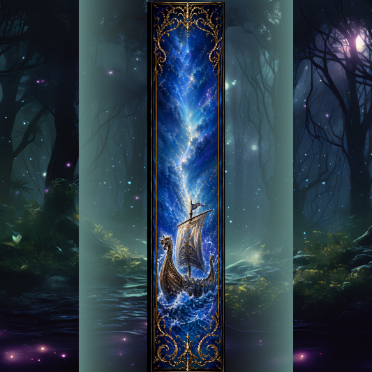Printed edges cu vas regal pe ape albastre, lumină magică și detalii aurii ornamentale. Un design fantasy elegant, perfect pentru cărți cu atmosferă de regină, destin și aventură.