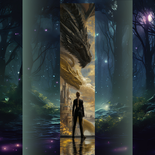 Design pentru printed edges - Inspirat din A patra aripă Femeie cu părul împletit privind doi dragoni uriași de aur și negru deasupra unui castel medieval, într-o compoziție epică fantasy inspirată din „A Patra Aripă”.
