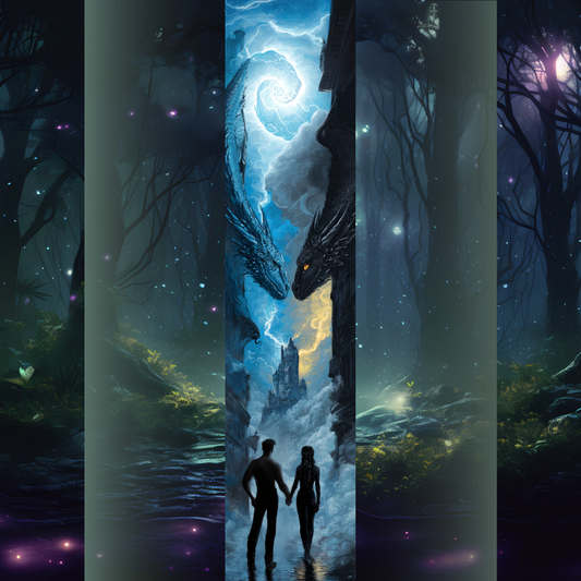 Design pentru printed edges - Inspirat din "Furtuna de onix" Cuplu ținându-se de mână în fața a doi dragoni, unul albastru și unul negru, într-o furtună magică inspirată din Furtuna de Onix.