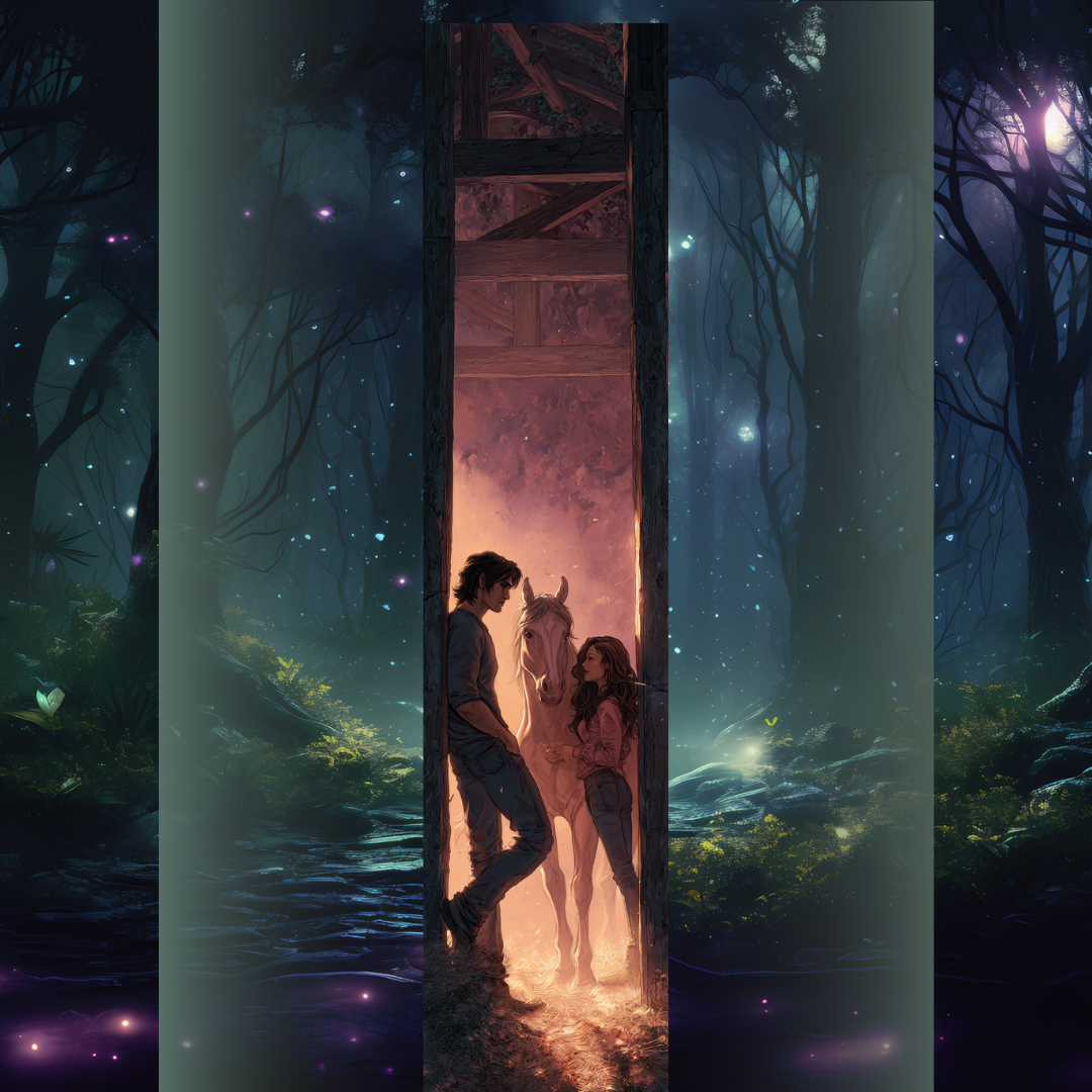 Design pentru printed edges - Inspirat din Flawless Cuplu și cal alb într-un grajd scăldat în lumină caldă, design inspirat din Flawless.