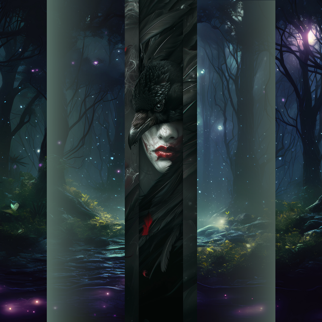 Design printed edges - Frăția corbului  Femeie acoperită de pene negre de corb, simbol al pasiunii și libertății, design dark-romantic inspirat din Frăția Corbului de Kate Stewart | Printedges – printed edges fantasy