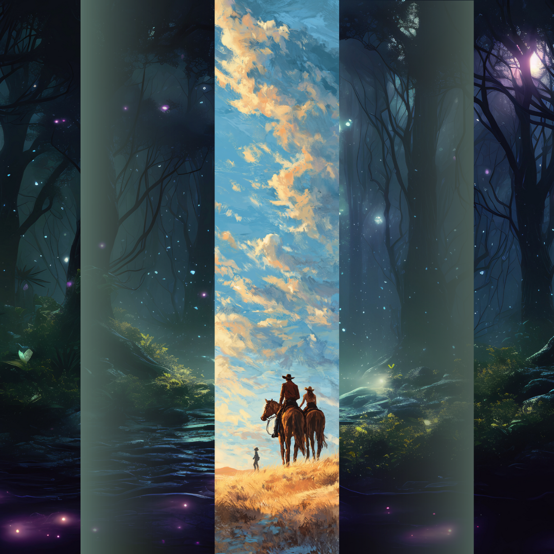 Design pentru printed edges - Inspirat din Heartless Doi cowboy călare sub cer albastru și nori aurii, scenă inspirată din Heartless