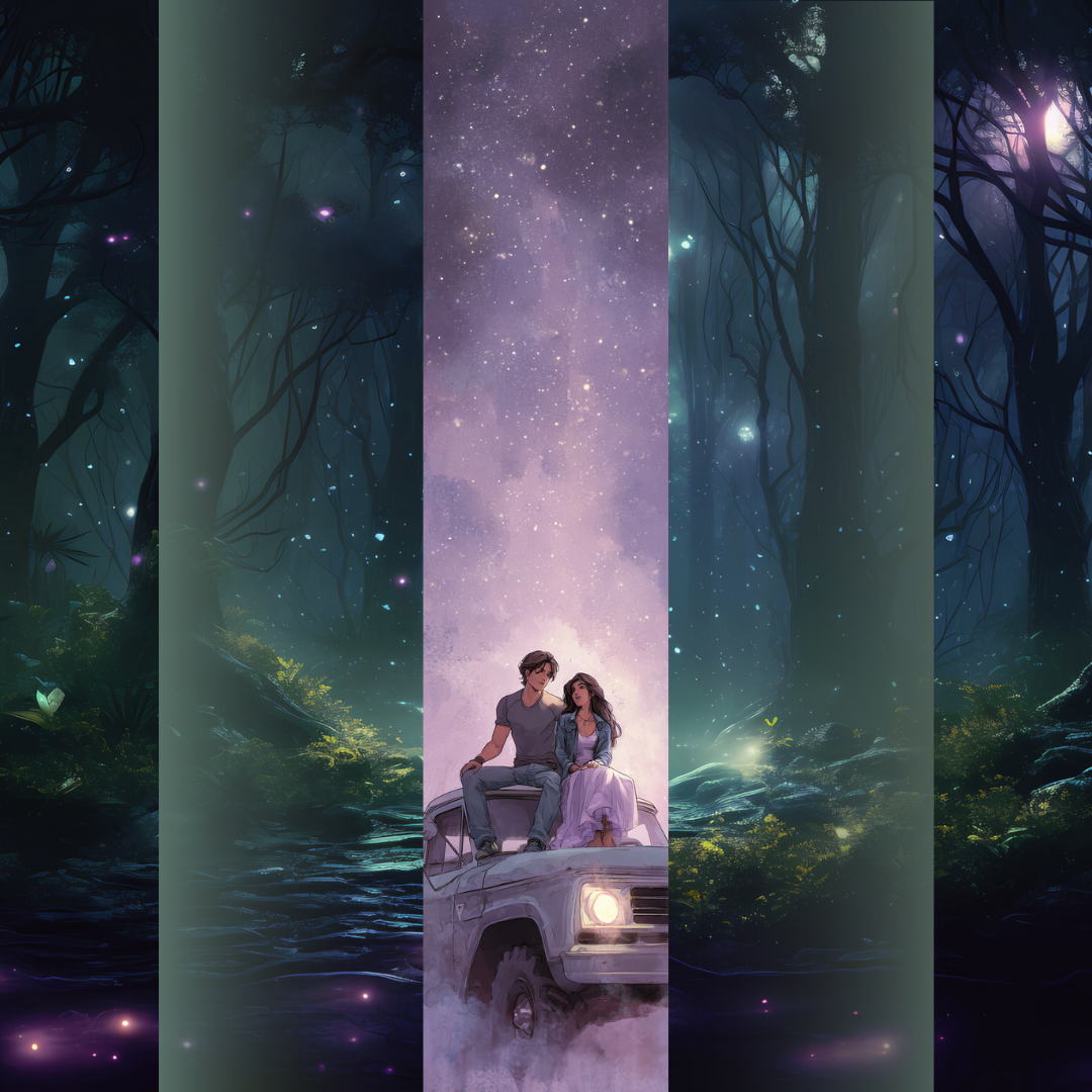 Design pentru printed edges - Inspirat din Powerless Cuplu stând pe o mașină sub cer plin de stele, design inspirat din Powerless.
