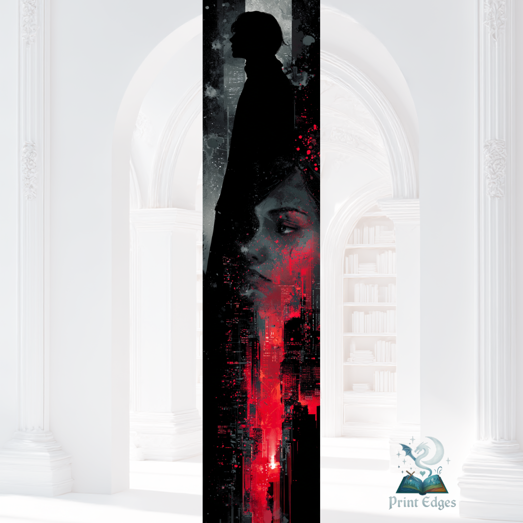 Design printed edges - inspirat din Predator de Runyx – siluetă masculină întunecată și chip feminin roșu, cu efecte urbane și tonuri noir-roșii.