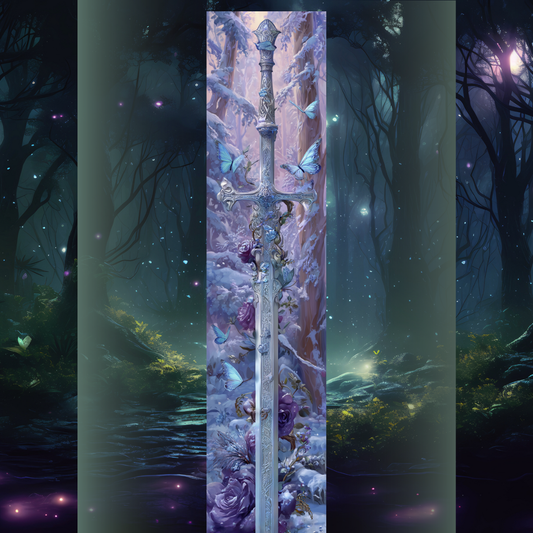 Design pentru printed edges - Inspirat din Quicksilver   cu sabie argintie decorată cu fluturi albaștri și trandafiri mov, fundal de pădure magică — artă pentru margini de carte (printed edges).