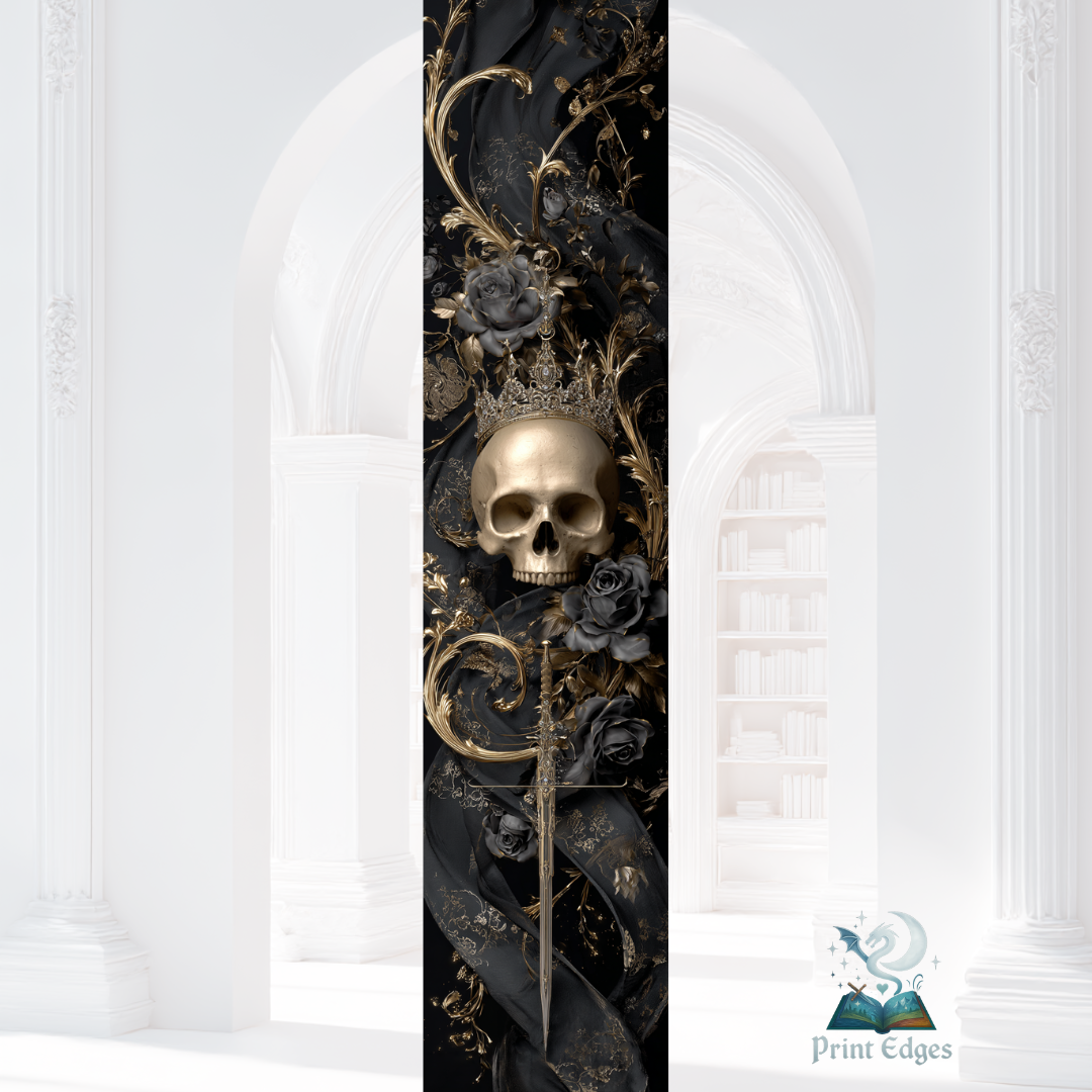 Margini imprimate de lux – craniu auriu cu coroană și trandafiri negri pe fundal baroc, design dark fantasy semnat Print Edges.