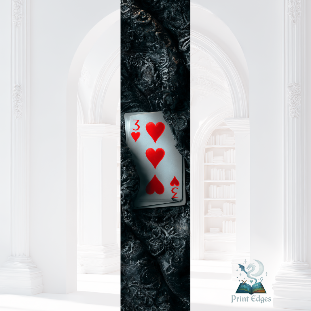 design cu carte de joc trei de inimă roșie pe fundal negru texturat, stil dark mafia romance.